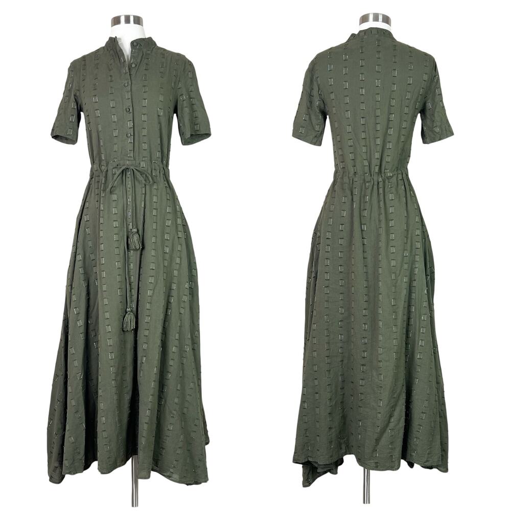 Never A Wallflower | Kelli Olive Green Textured Cotton Tassel Tie Maxi Dress XS - Picture 12 of 12